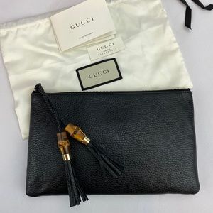 NWT Gucci Black Leather Clutch w/Bamboo tassels